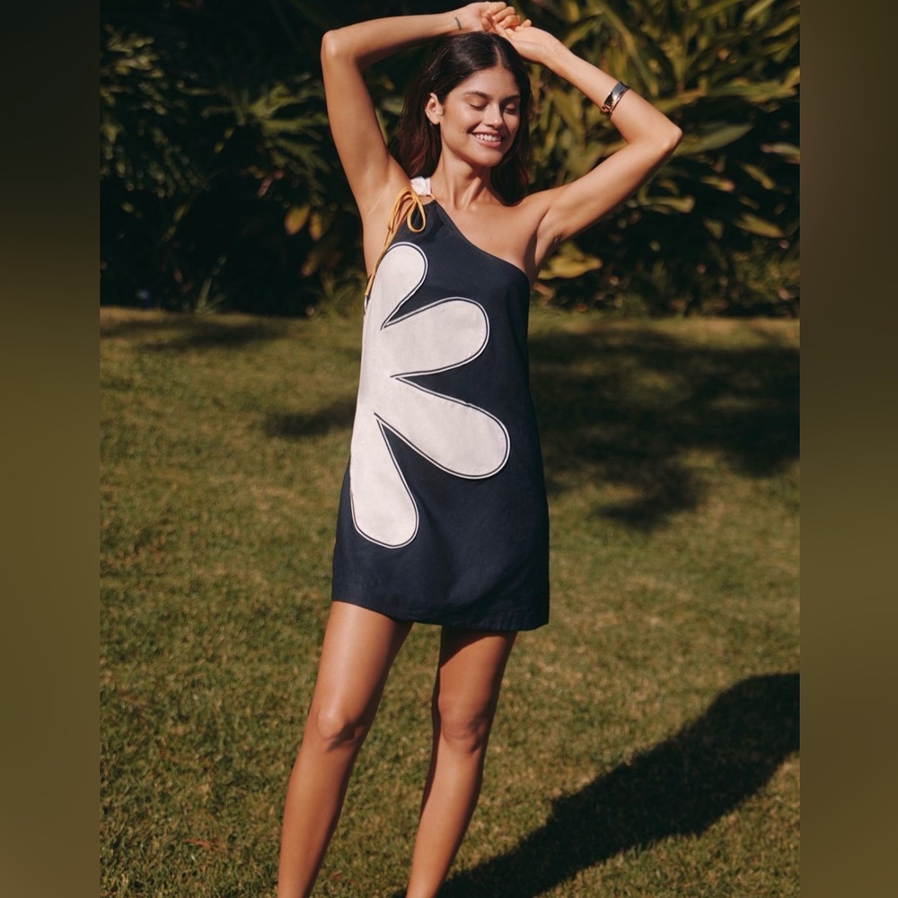 Farm Rio x Anthropologie One-Shoulder Linen Flower Mini Dress NWOT